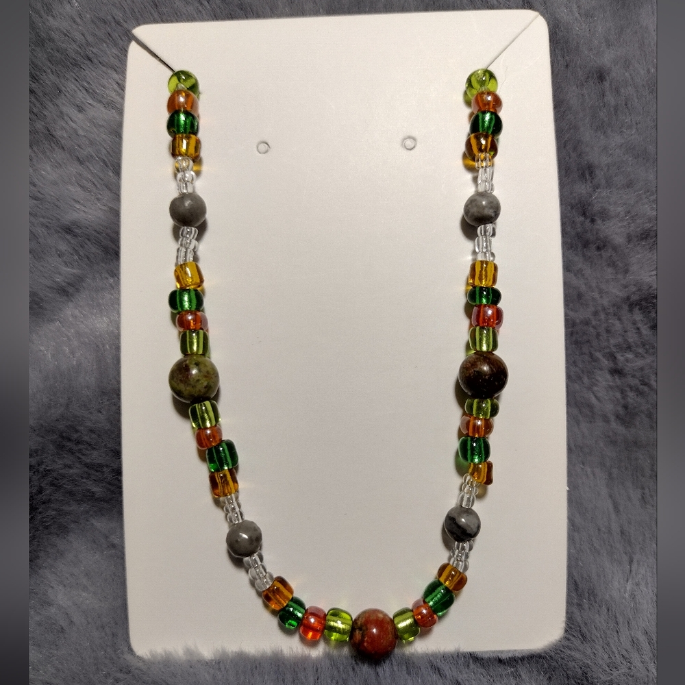 Handmade elastic bracelet, beaded, orange and green, autumn colors
